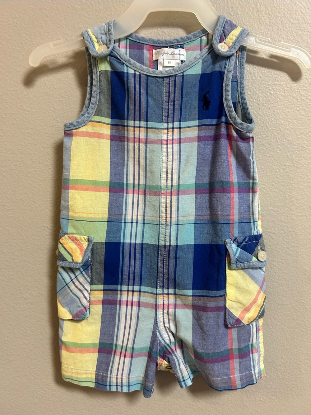 Ralph Lauren Baby 6M Blue Plaid Sleeveless Romper Shortall One Piece
